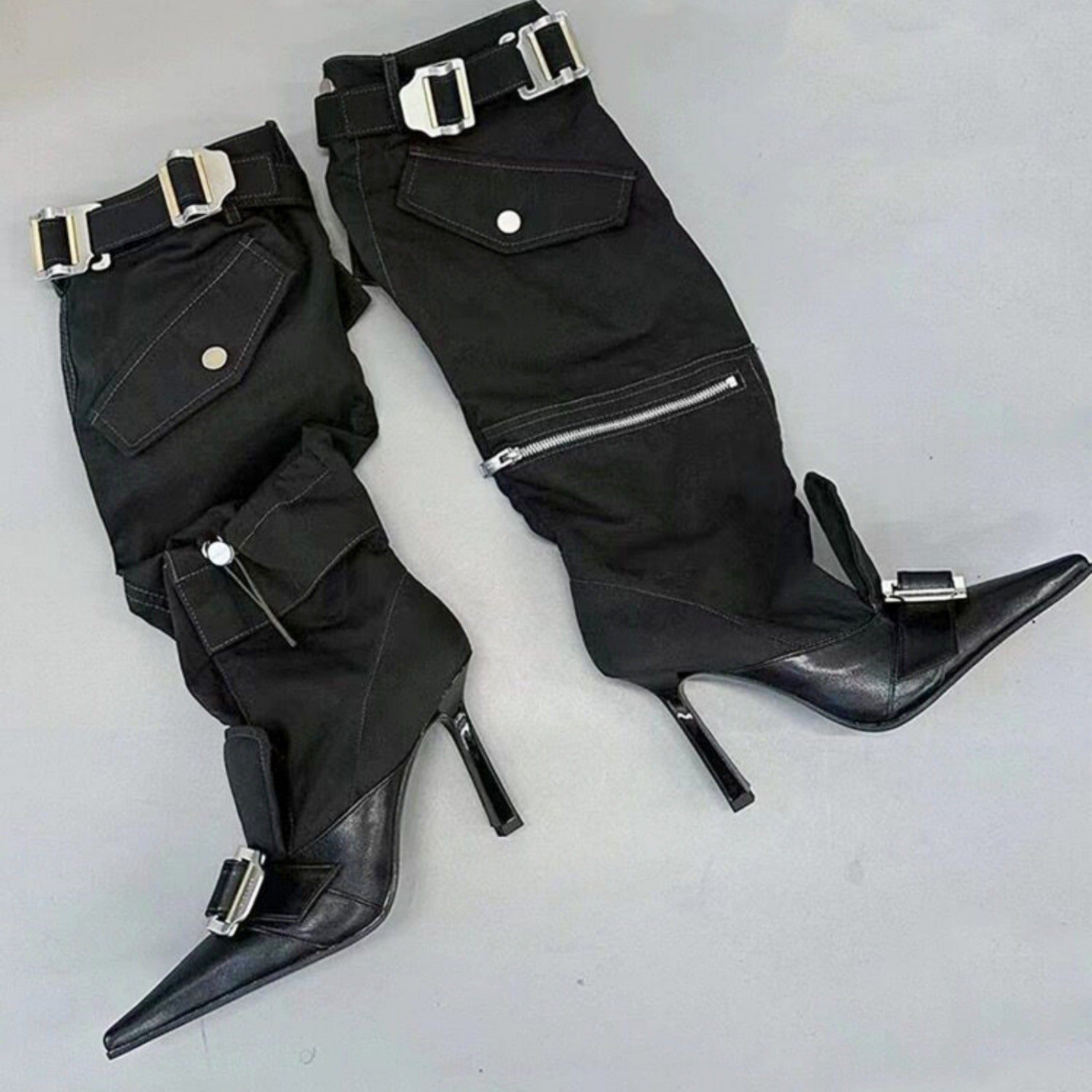 Knee Length Belt Buckle High Heel Boots