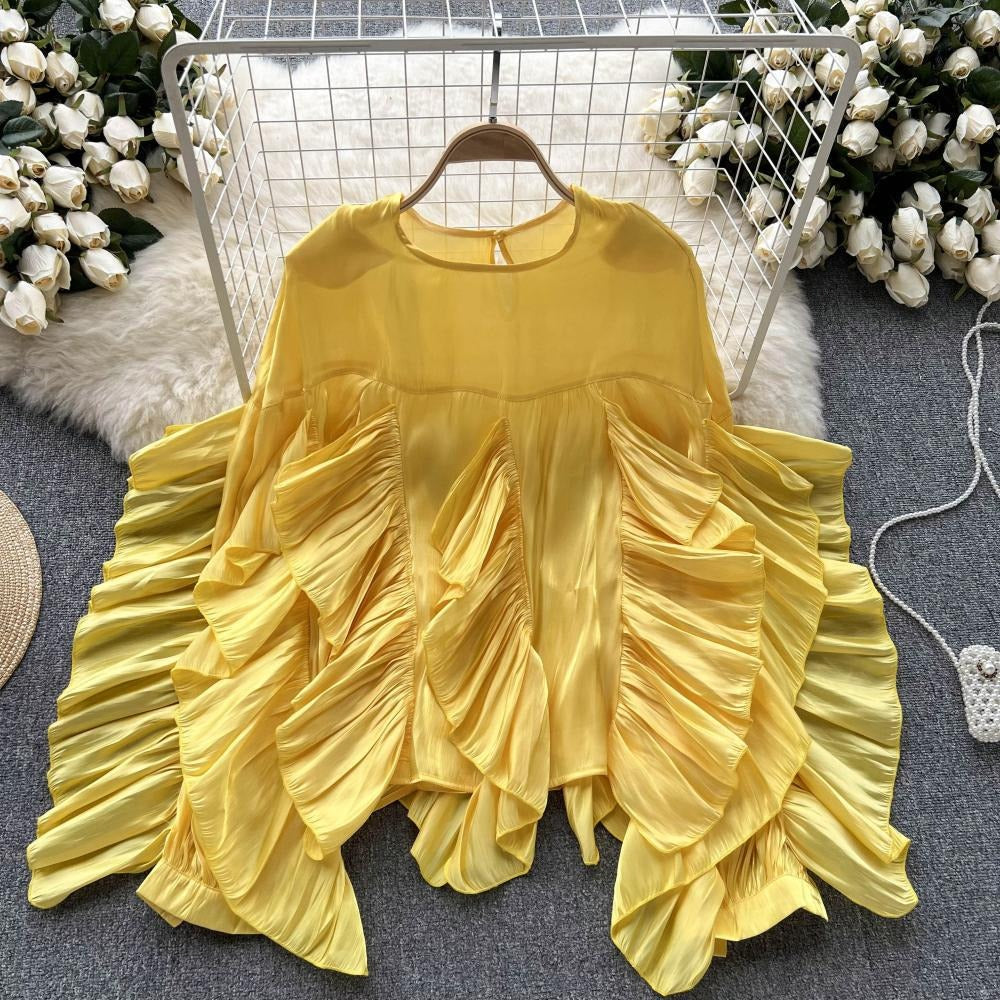 Irregular Ruffle Long Sleeve Chiffon Blouse