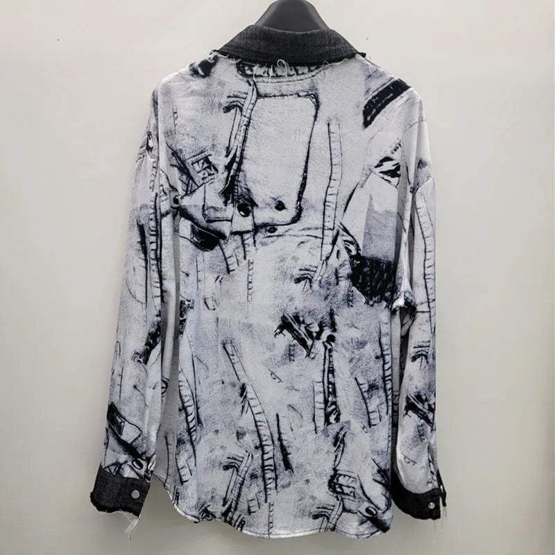 Pre Order: Printed Loose Denim Splice Casual Shirt