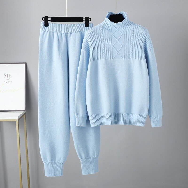 Pre Order:  Solid Long Sleeve Knit Sweater + Loose Pants Set