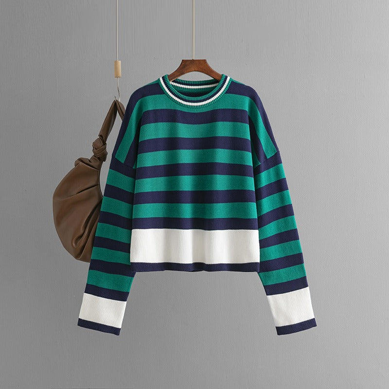 Pre Order:  Casual Striped Long Sleeved Round Neck Knitted Sweater