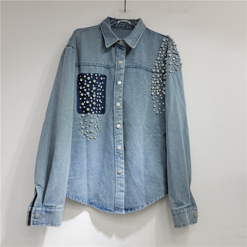 Nail Bead Diamond Inlaid Loose Long Denim Shirt