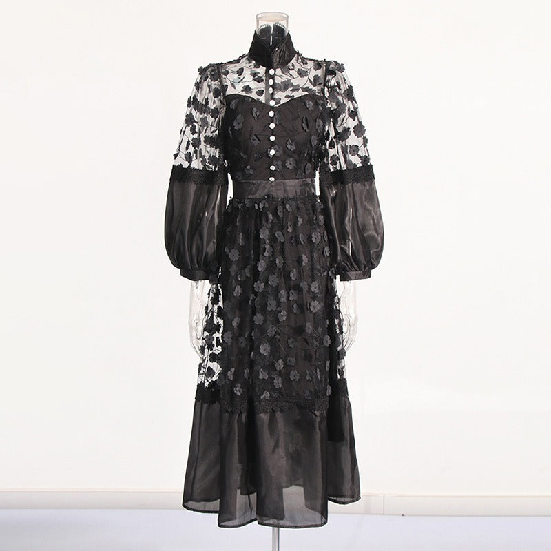 Pre Order:  Stand Collar Mesh See-Through Puff Sleeves Floral Dress