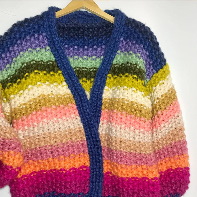 Handmade Rainbow Striped Crocheted Thick Cardigan