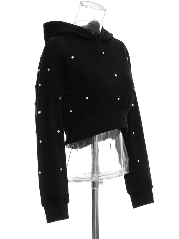 Pre Order:  Large Lapel Long Sleeved Diamond Inlaid Sweatshirt