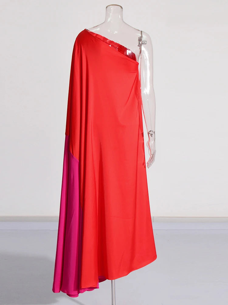 Pre Order:  Color Block Diagonal Shoulder Loose Large Hem Maxi Dress