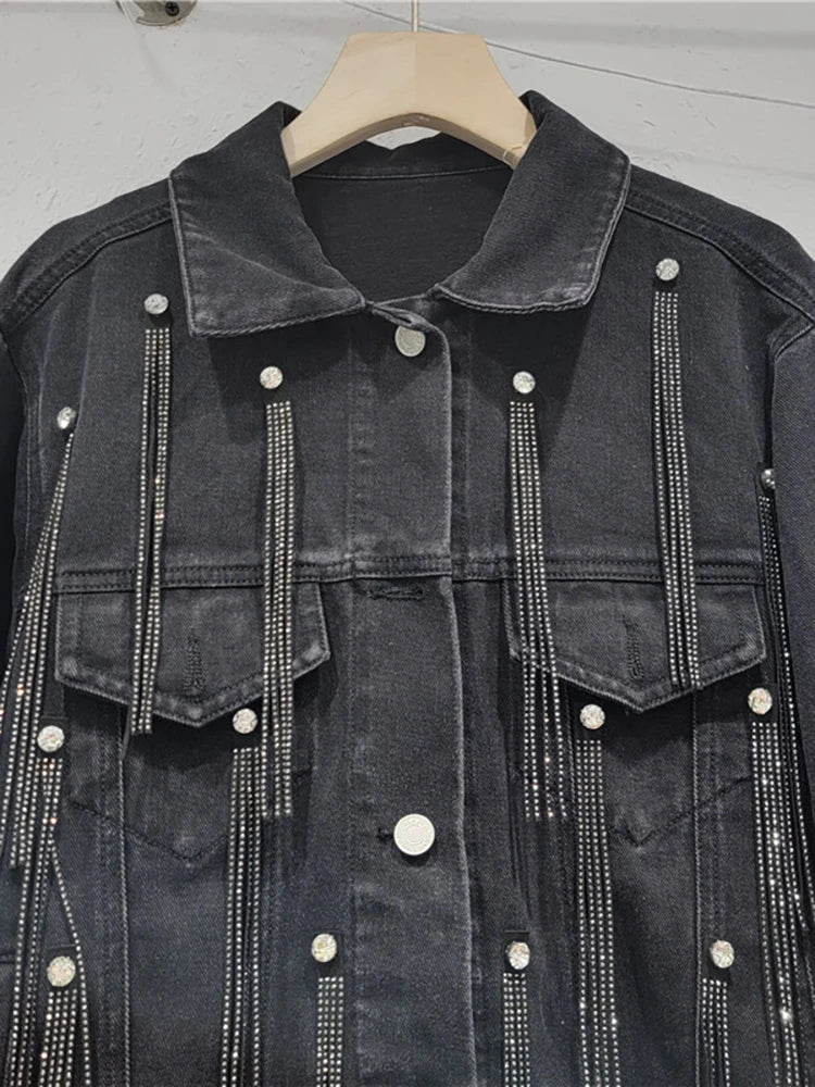 Pre Order:  Diamond Tassel Long Sleeve Black Denim Jacket