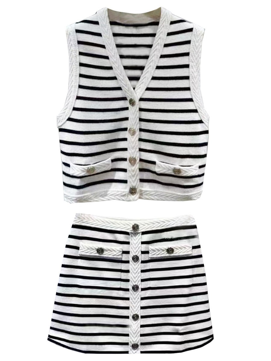 Pre Order:  Striped V-Neck Knit Vest + A-Line Knit Skirt