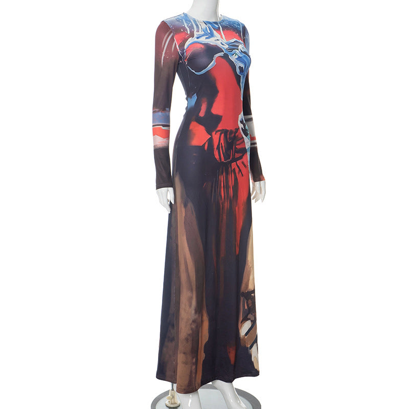 Long Sleeve Printed Bodycon Maxi Dress