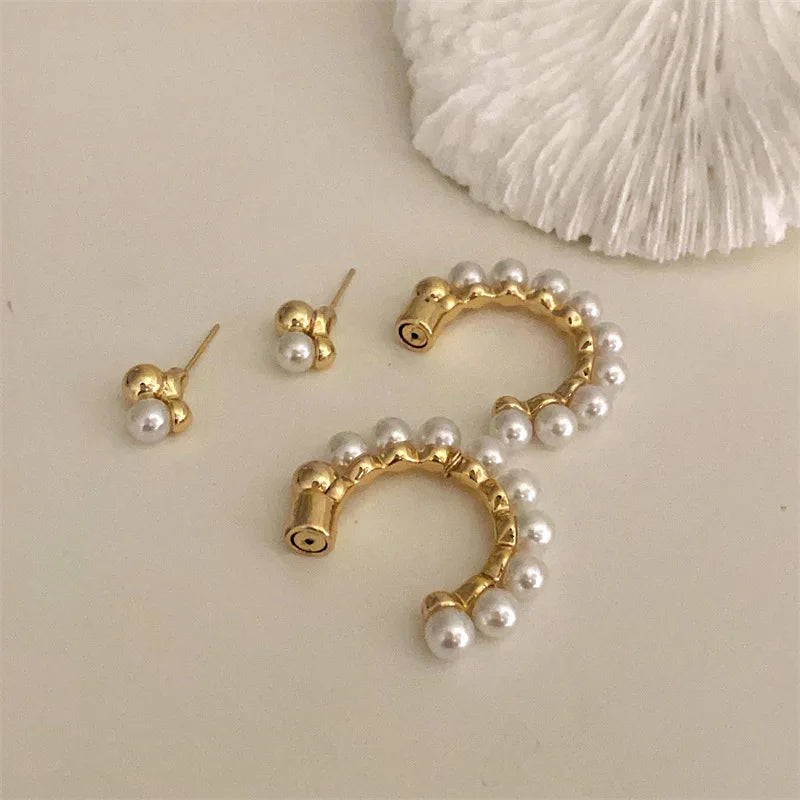 Pre Order:  C-Shaped Metal Pearl Stud Earrings