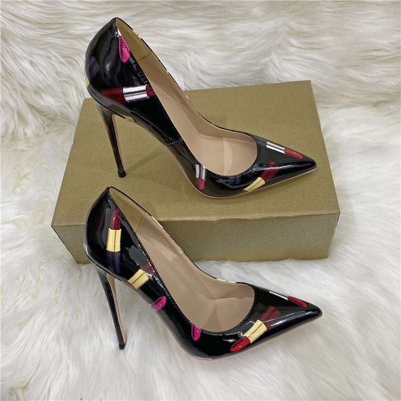 Pre Order:  Lipstick Print Faux Leather Stilettos