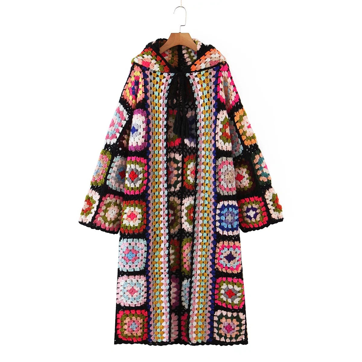 Handmade Bohemian Plaid Flower Hooded Cardigan