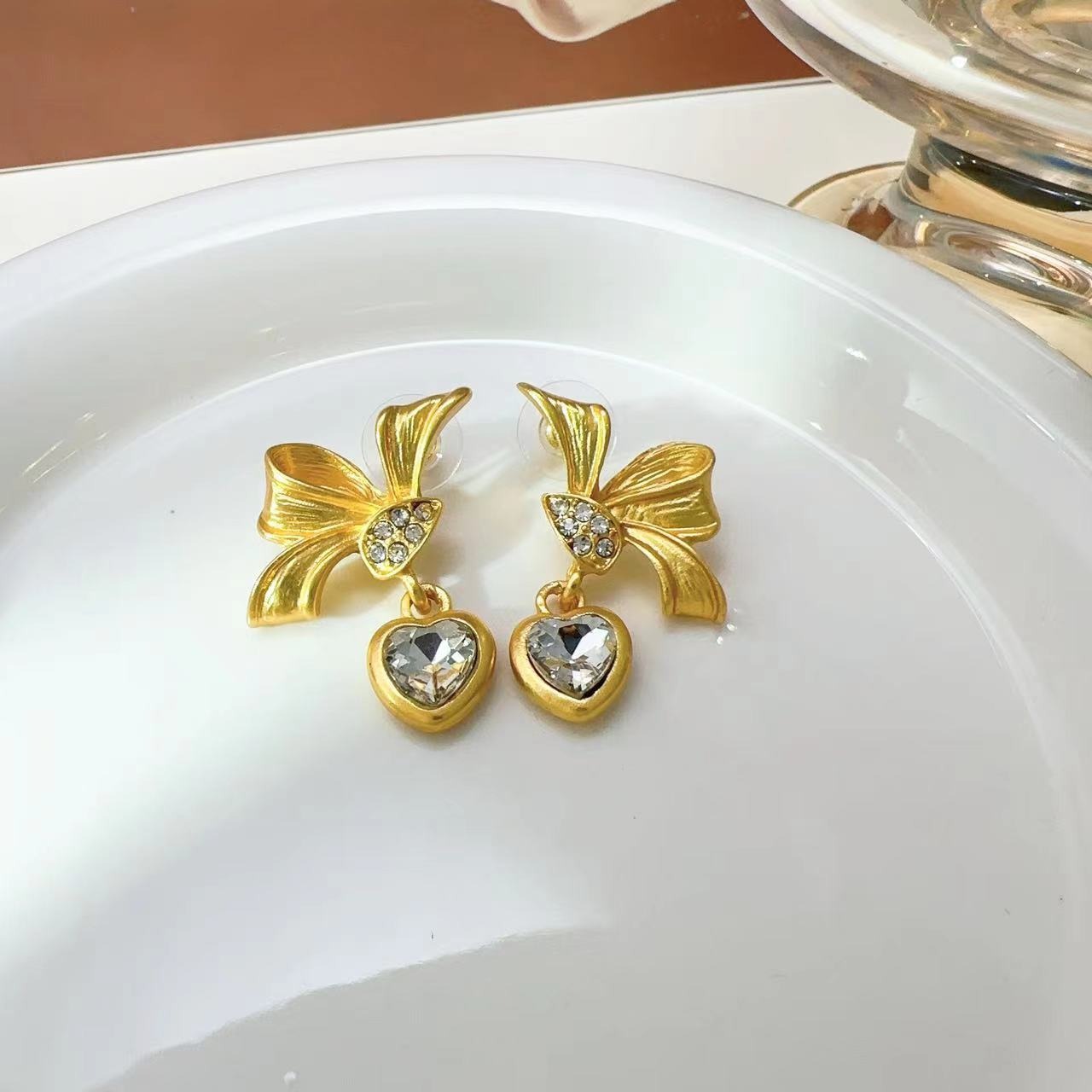 Pre Order:  Vintage Bow Heart-Shaped Rhinestone Earrings