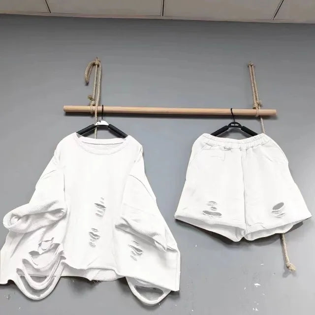 Pre Order: Loose Distressed Shirt + Wide Leg Shorts Set