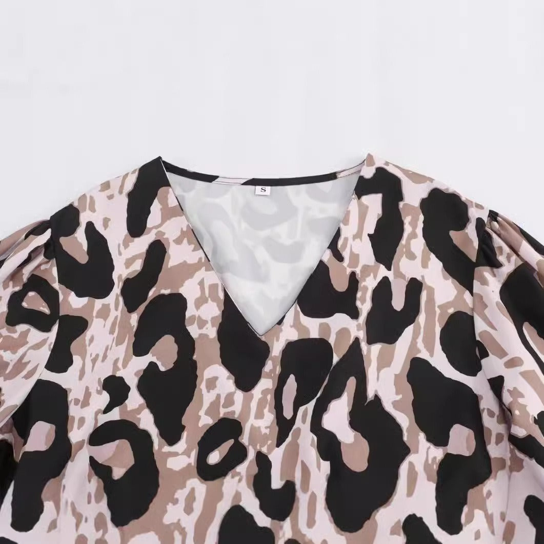 Pre Order:  Animal Print Loose V-Neck Long Sleeved Dress