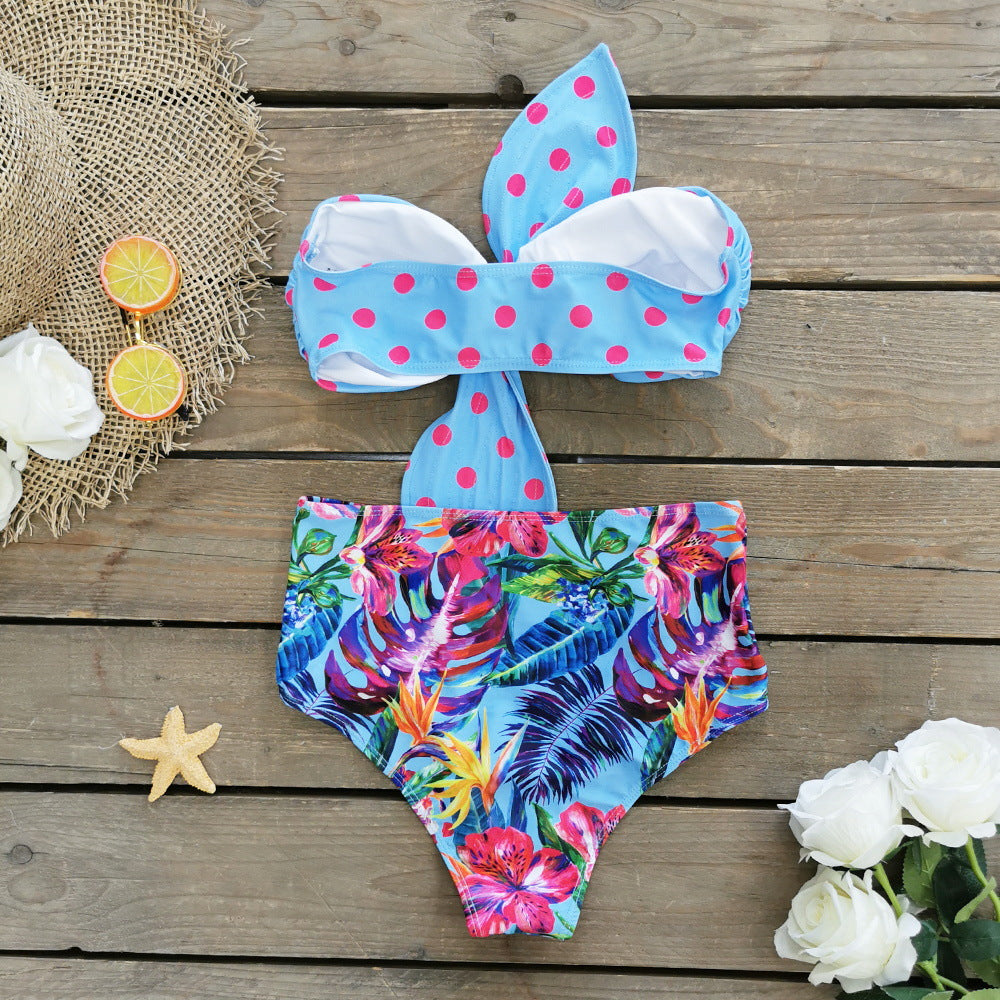 Blue Polka Dots Tube Floral Printed Two-Piece Swimsuit