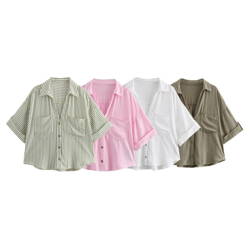 Pre Order: Linen Blend Pocket Casual Short Shirt