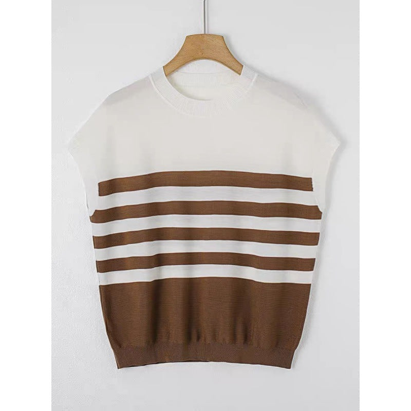 Pre Order: Striped Knitted Round Neck Short Sleeve Loose Top