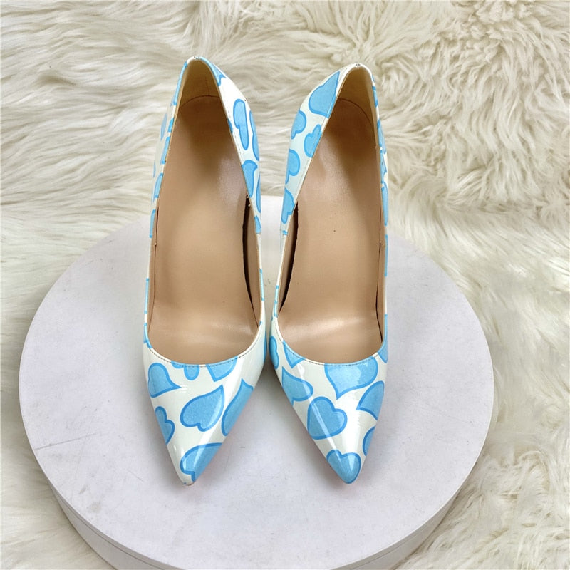 Pre Order:  Blue Heart Printed Pointed-Toe Pumps Shoes