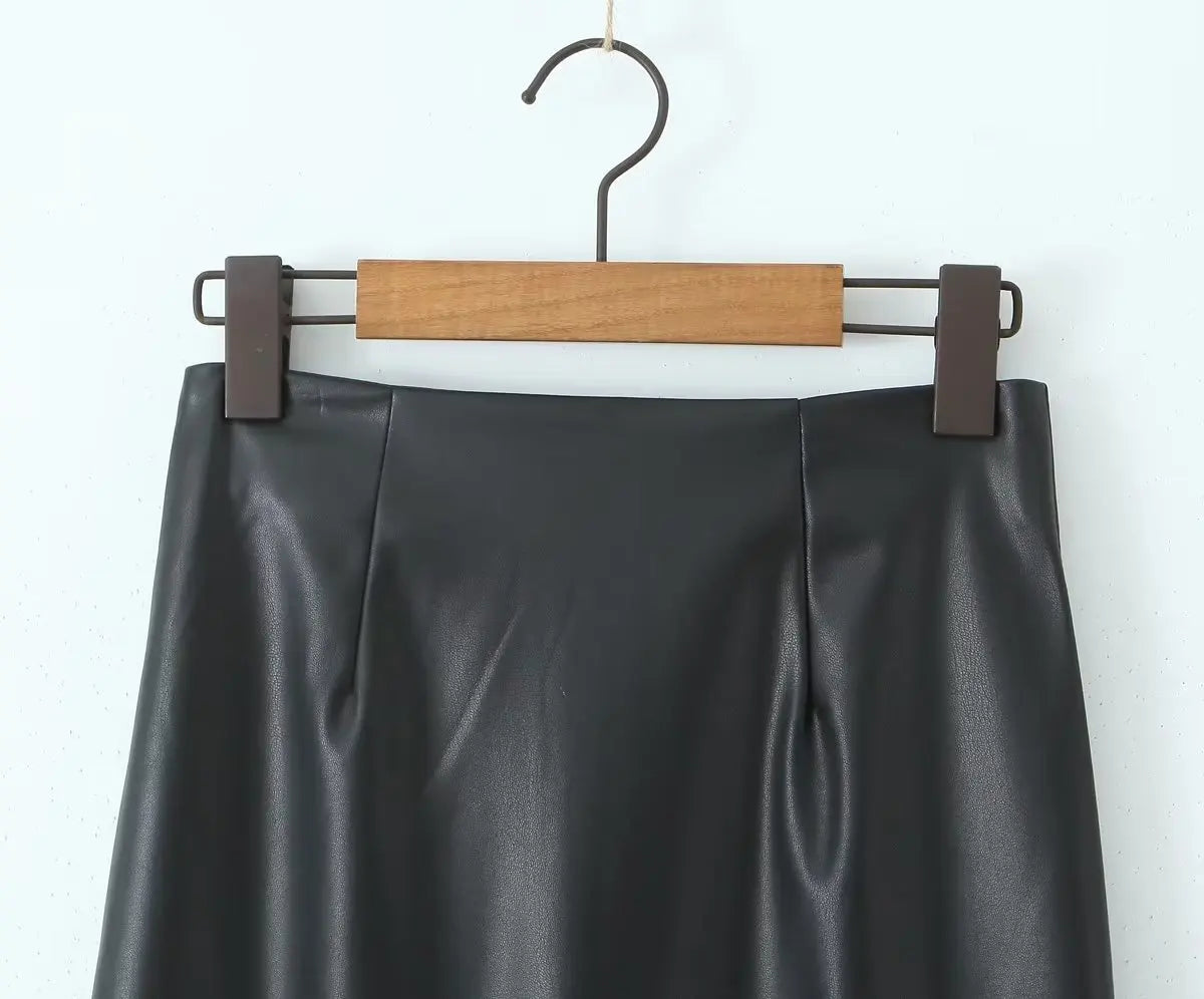 Pre Order:  Black Faux Leather Back Split Skirt