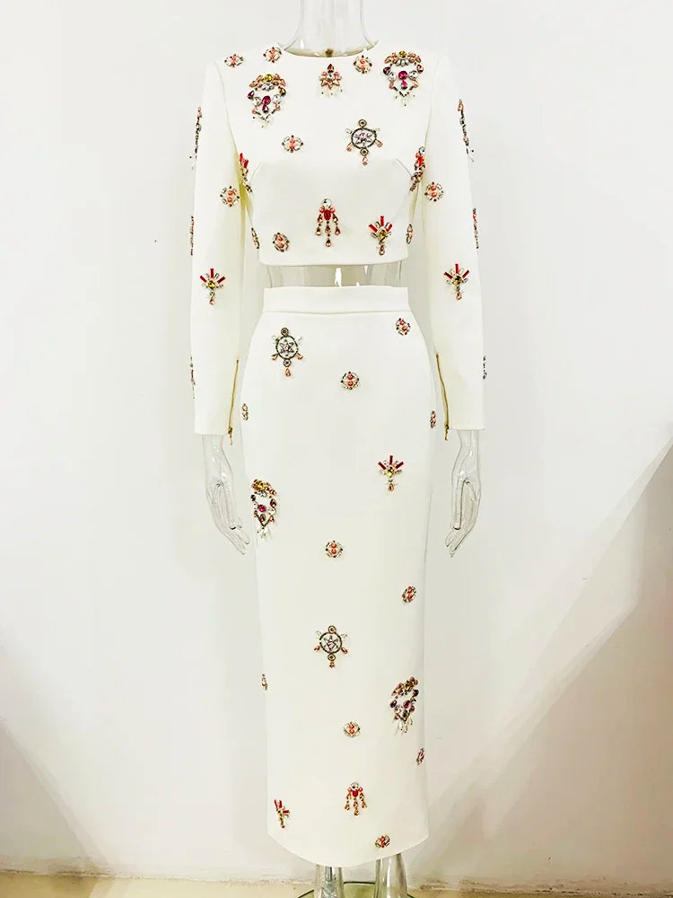 Pre Order: Flower Diamond Inlaid Short Top + Midi Skirt Set