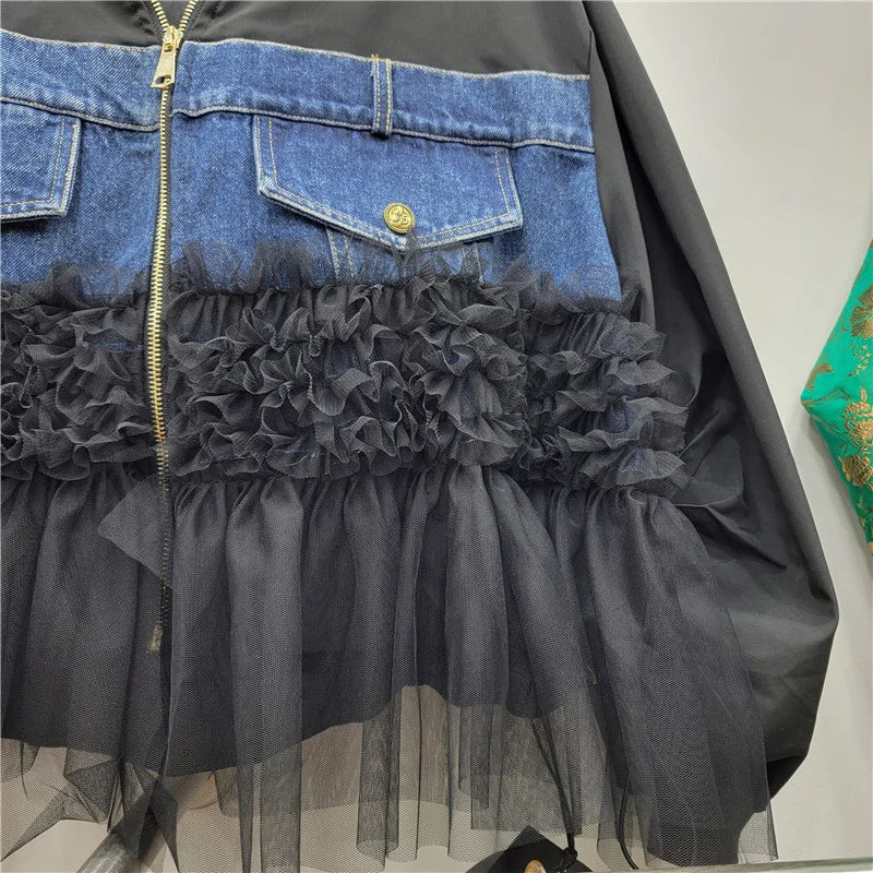 Pre Order:  Hem Mesh Spliced Denim Patchwork Loose Jacket