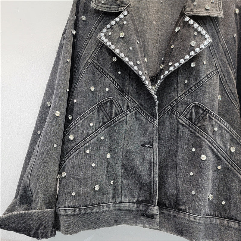 Pre Order: Nail Bead Studded Diamond Retro Motorcycle Denim Jacket