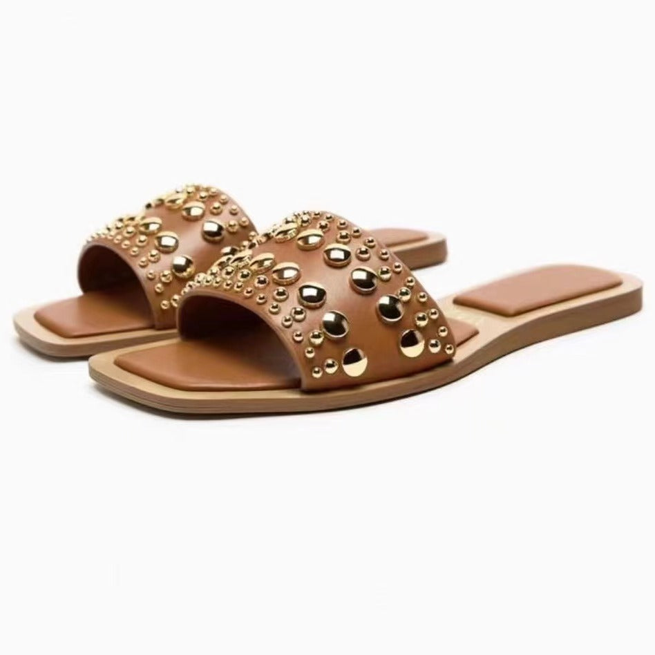 Pre Order:  Square Toe Rubber Rivet Square Toe Flat Sandals