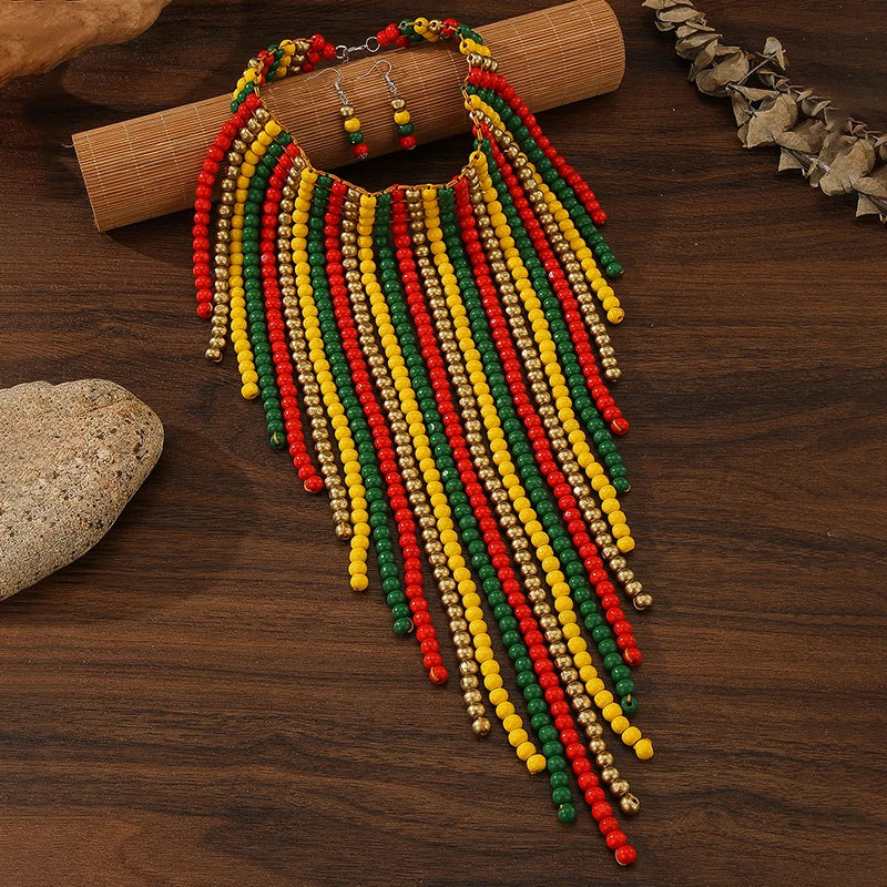 Pre Order:  Bohemian Wood Bead Multi-Layer Tassel Necklace + Earrings Set