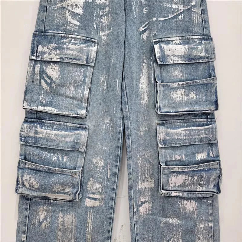 Pre Order:  High Waist Straight Wide Leg Multiple Pockets Denim Pants