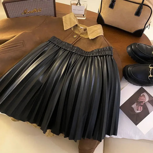 Chic Solid Pleated Leather Mini Skirt