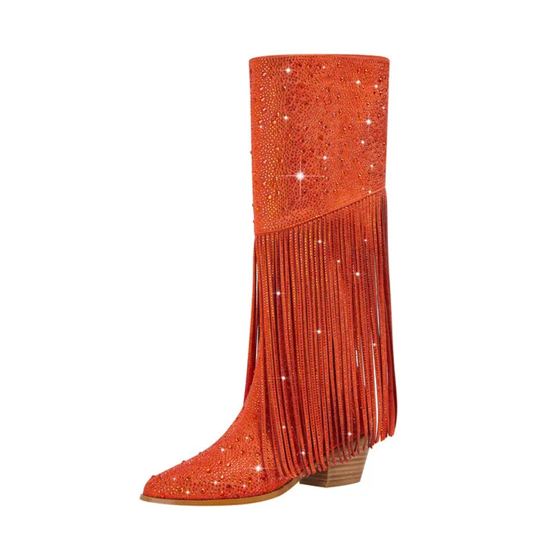 Tassel Rhinestone Chunky Heel Knee Long Boots