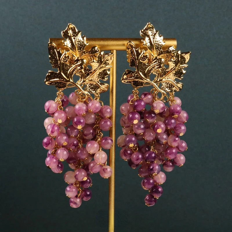 Pre Order:  Medieval Long Tassel Purple Resin Grapes Earrings