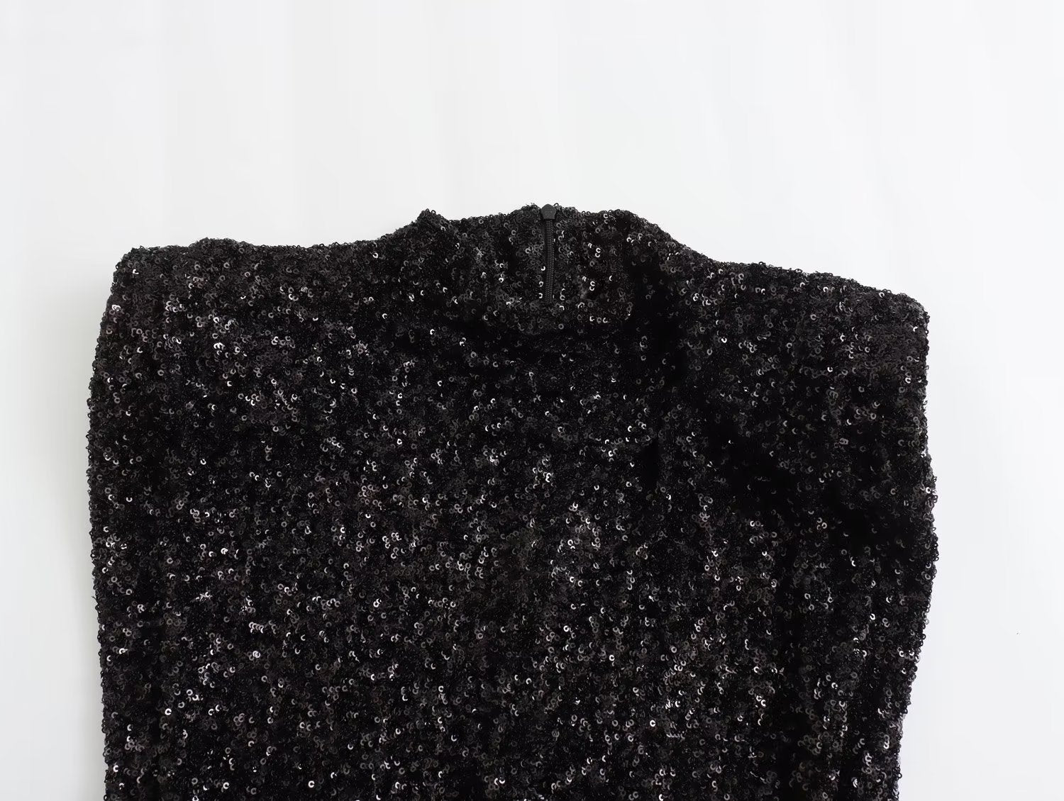 Black Sequined Padded Shoulder Mini Dress