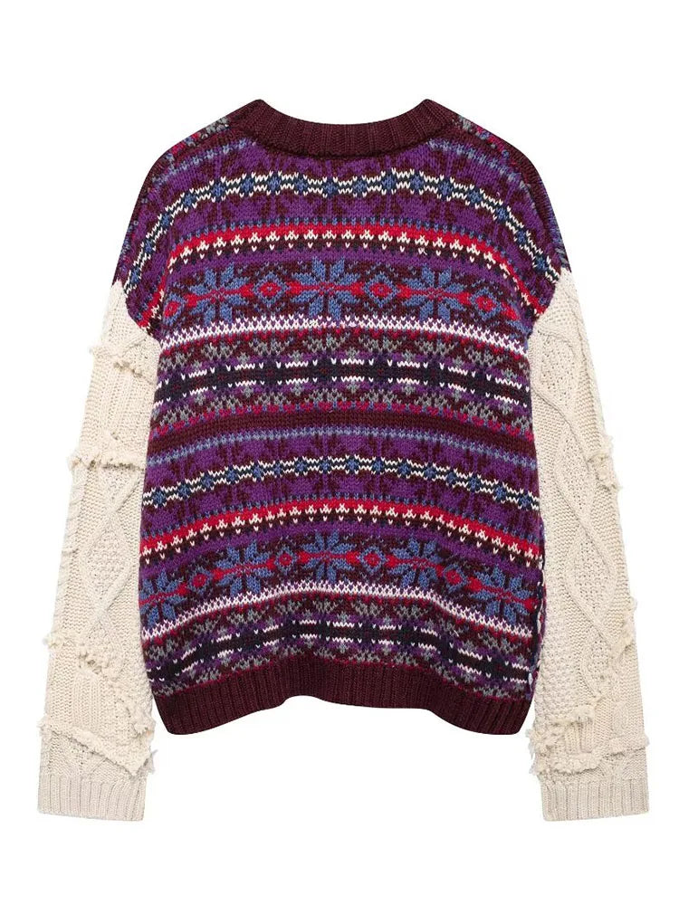 Pre Order: Casual Round Neck Contrasting Knitted Jacquard Sweater