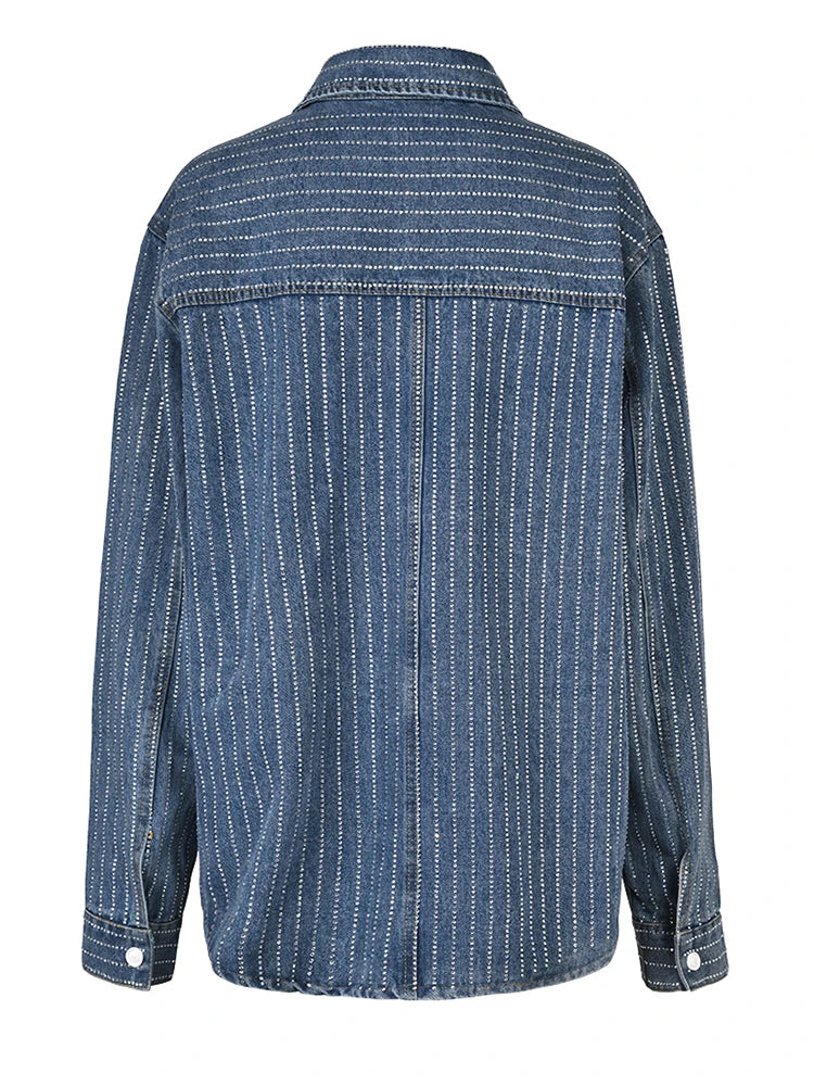 Denim Rhinestones Long Sleeved Loose Shirt