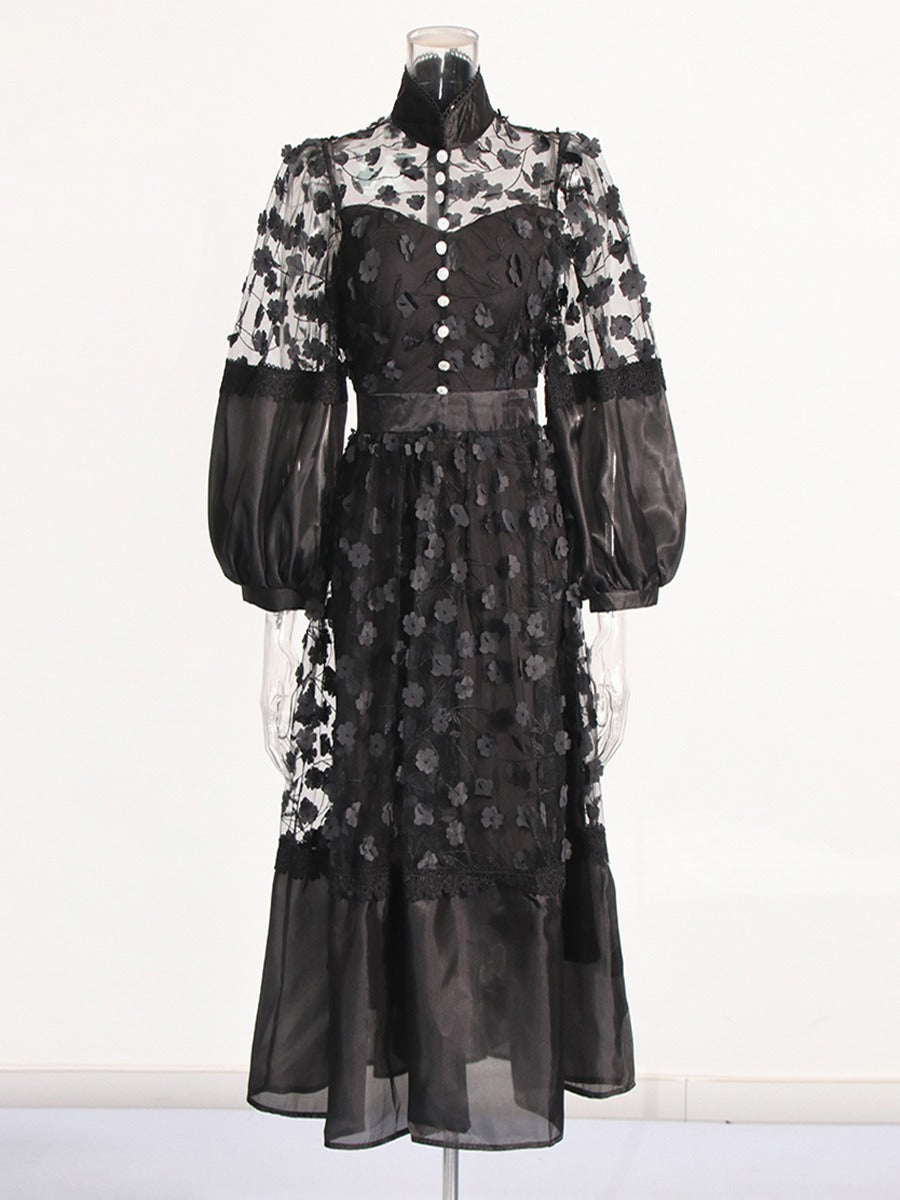 Pre Order:  Stand Collar Mesh See-Through Puff Sleeves Floral Dress