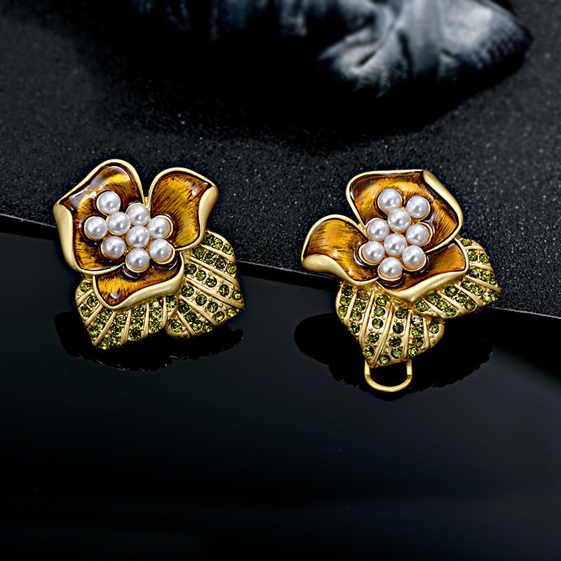 Pre Order:  Vintage Flower Diamond Pearl Inlaid Earrings