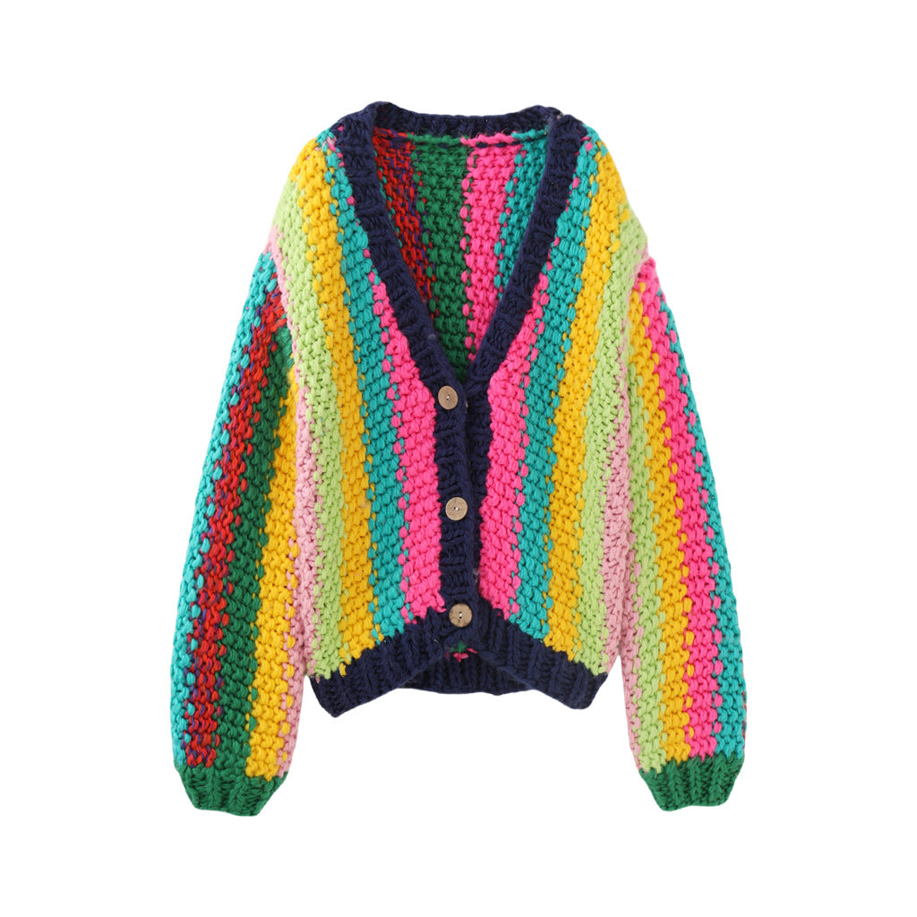 Thick Chunky Stripe Knit V-Neck Cardigan