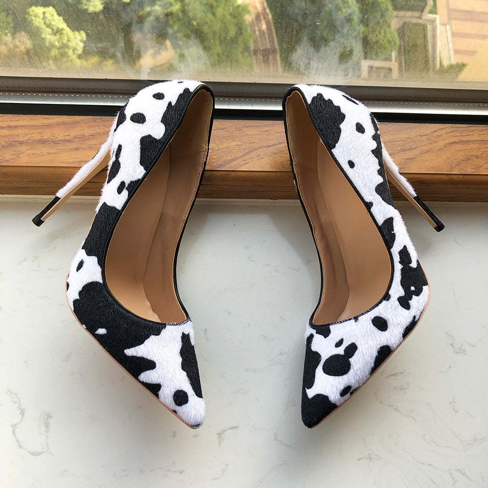 Pre Order:  White Flock Pointed-Toe Cow Printed Shoes