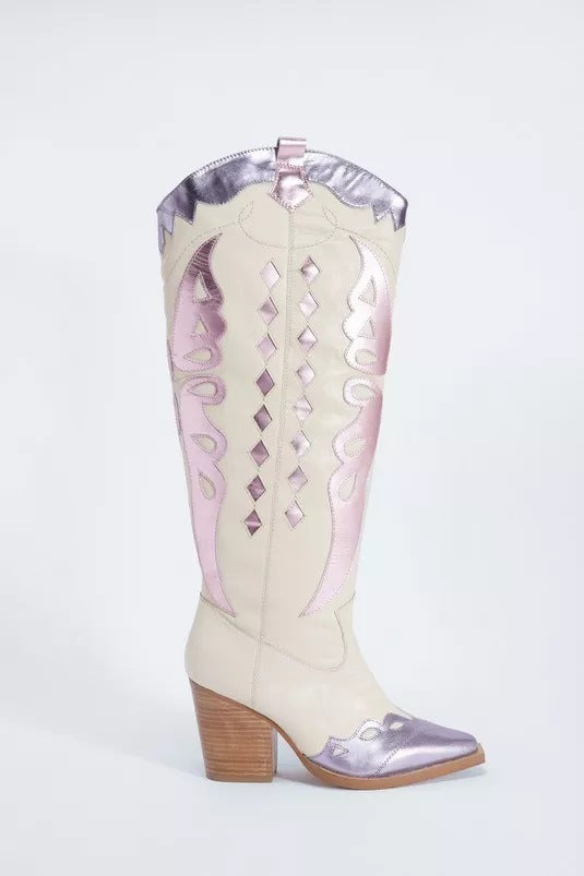 Pre Order:  Chunky Heel Metallic Butterfly Knee High Cowboy Boots