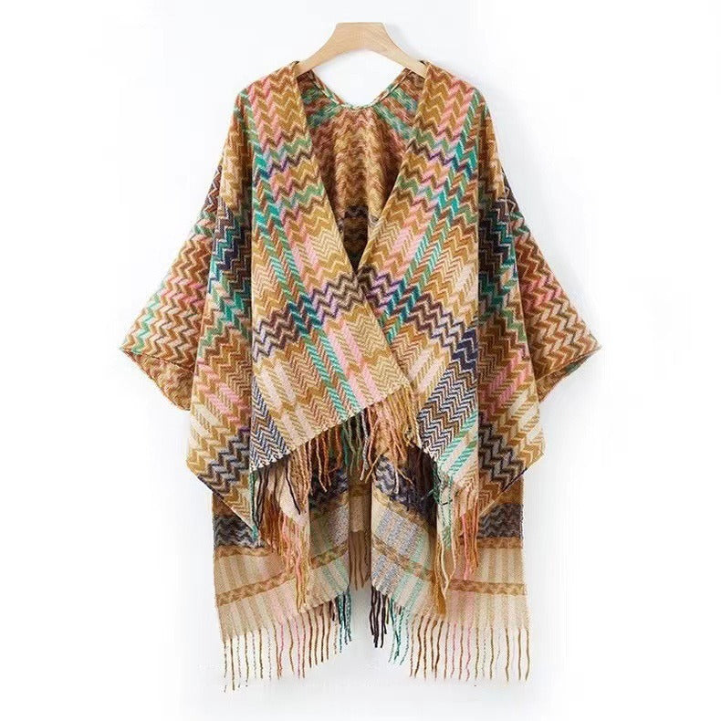 Pre Order:  Colorful Wave Striped Thick Tassel Split Cape