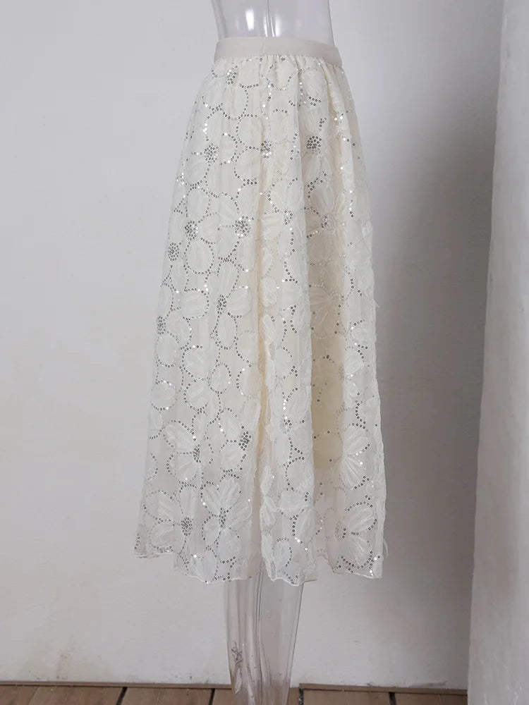 Pre Order:  Floral Sequined Lace Midi Skirt