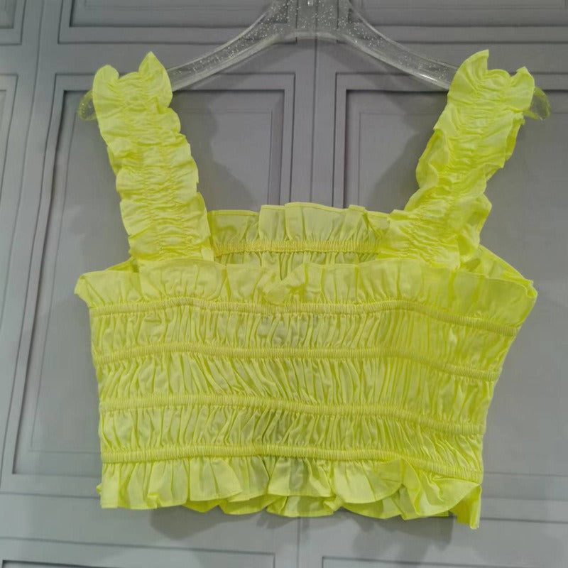 Pre Order:  Yellow Pleated Cropped Top + A-Line Pleated Skirt Set