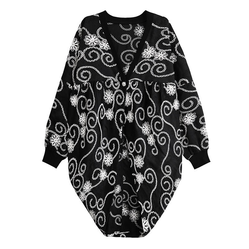 Embroidered Loose Bat Sleeve Mid Length Cardigan