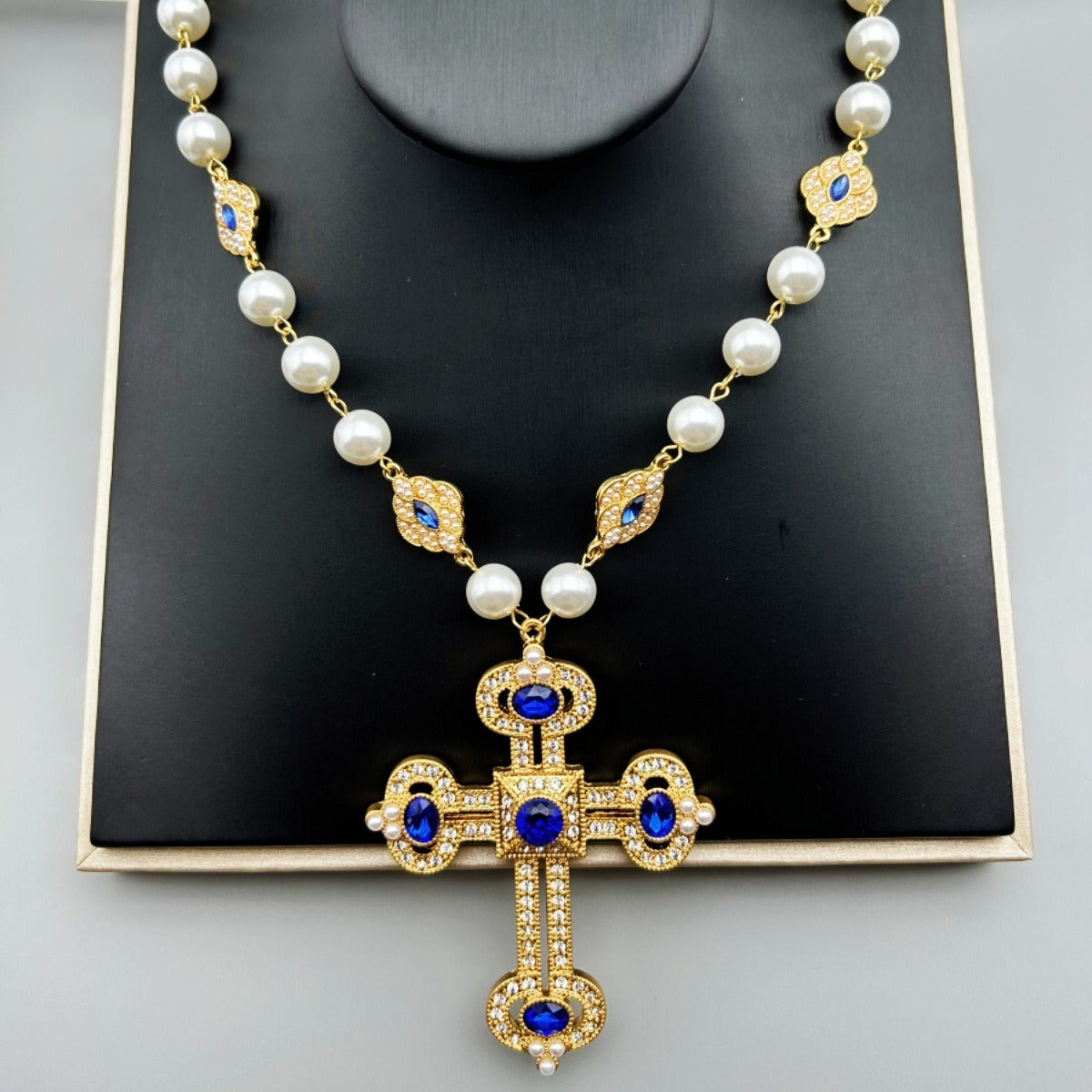 Pre Order:  Retro Diamond Inlaid Cross Pendant Pearl Necklace