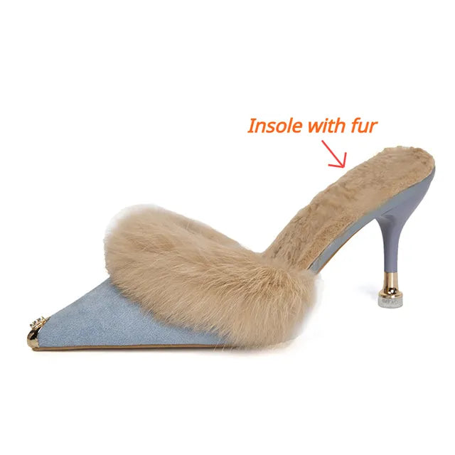 Pre Order:  Metal Tip Faux Fur Mules