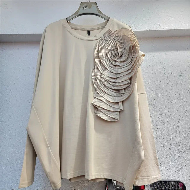 Pre Order:  Pleated 3D Flower Loose Casual Round Neck Top