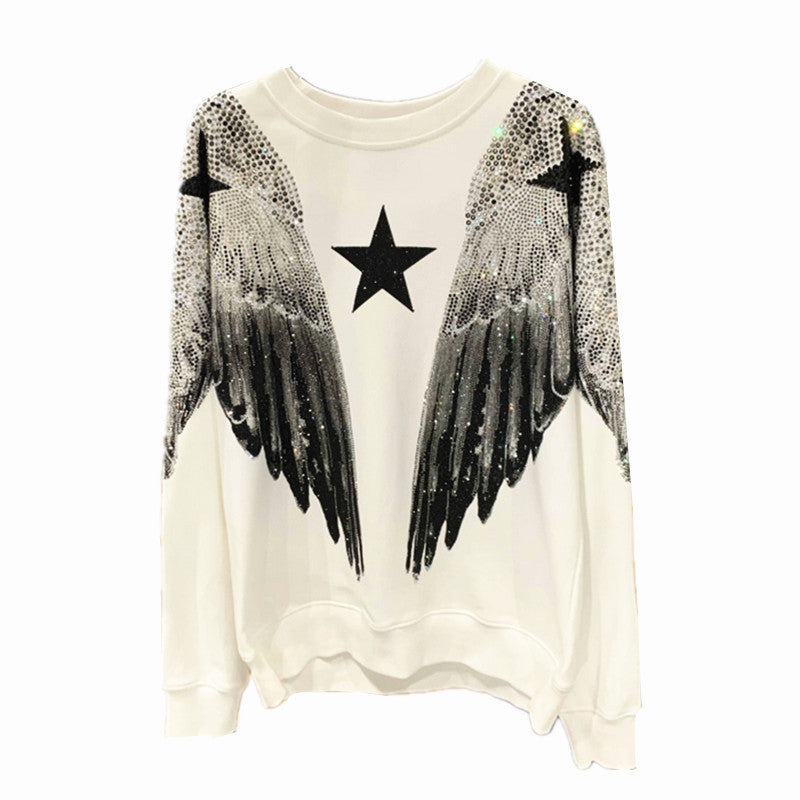 Hot Stamping Diamond Large Wings Round Neck Sweatshirt