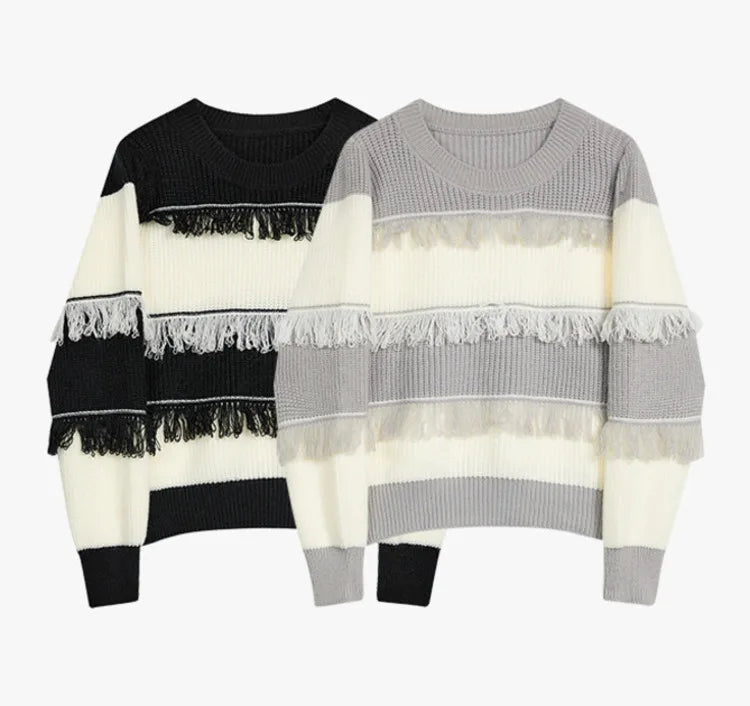 Pre Order:  Fringe Contrast Stripes Knit Sweater